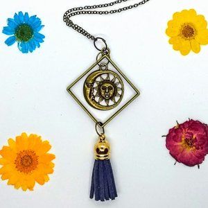 Celestial Sun/Moon Necklace with Navy Blue Tassel